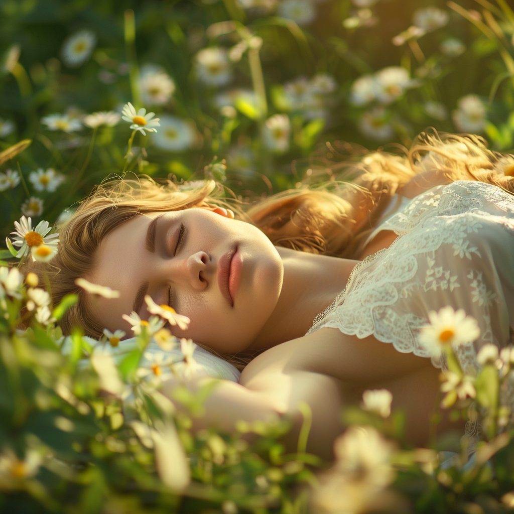 お昼寝している女性の画像