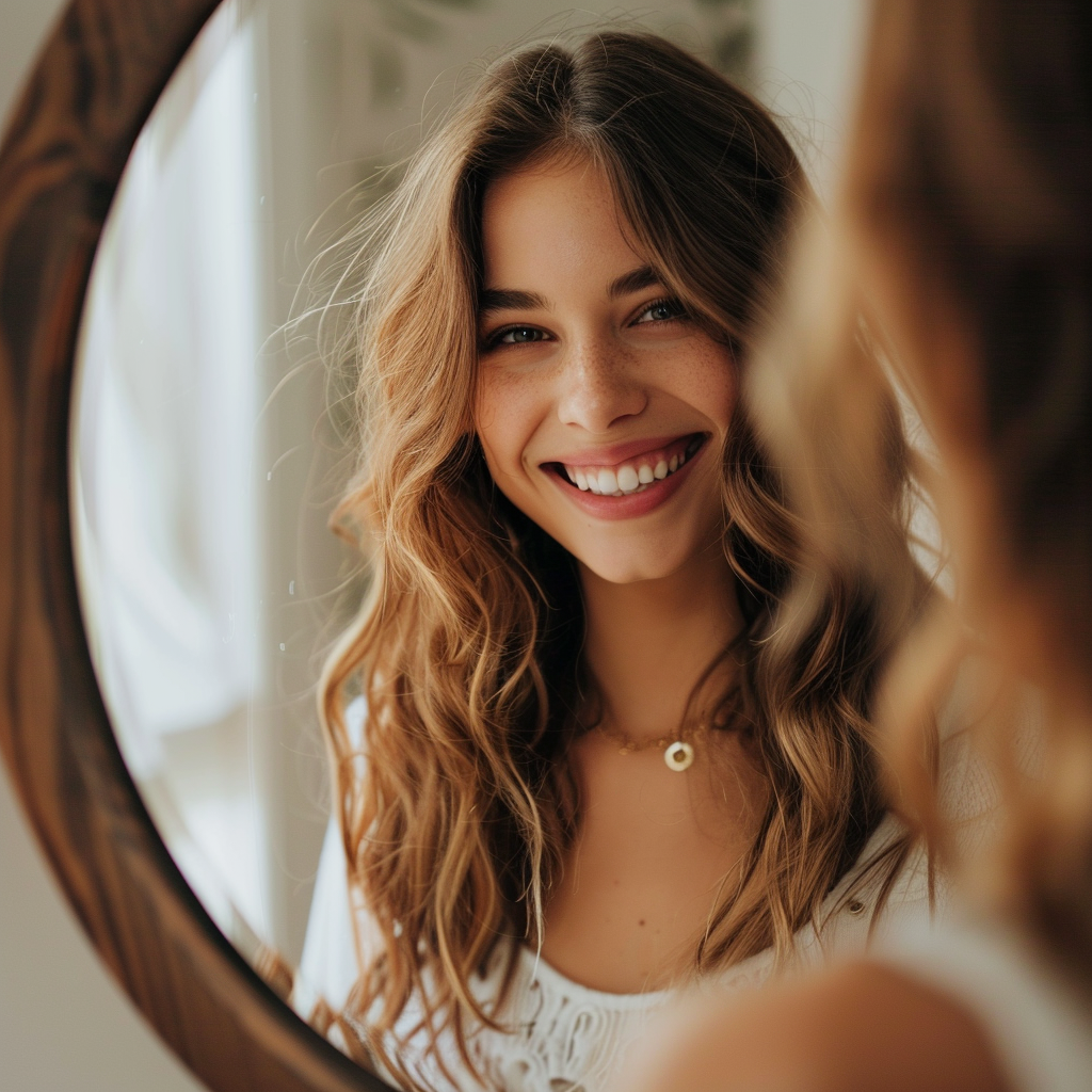 鏡で笑顔になる女性