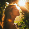 太陽光を浴びる女性の画像